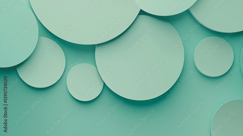 Poster abstract composition of overlapping circular shapes in varying sizes and shades of mint green