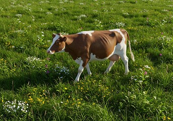 Cow Grazing in Lush Green Meadow Filled with Wildflowers
