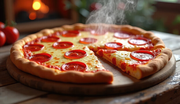 Delicious Pepperoni Pizza with Steam Rising