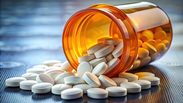 Hydrocodone Medication Pill Bottle, Closeup Pharmacy Drug Photo, Pain Relief Tablets, Prescription Medicine Image