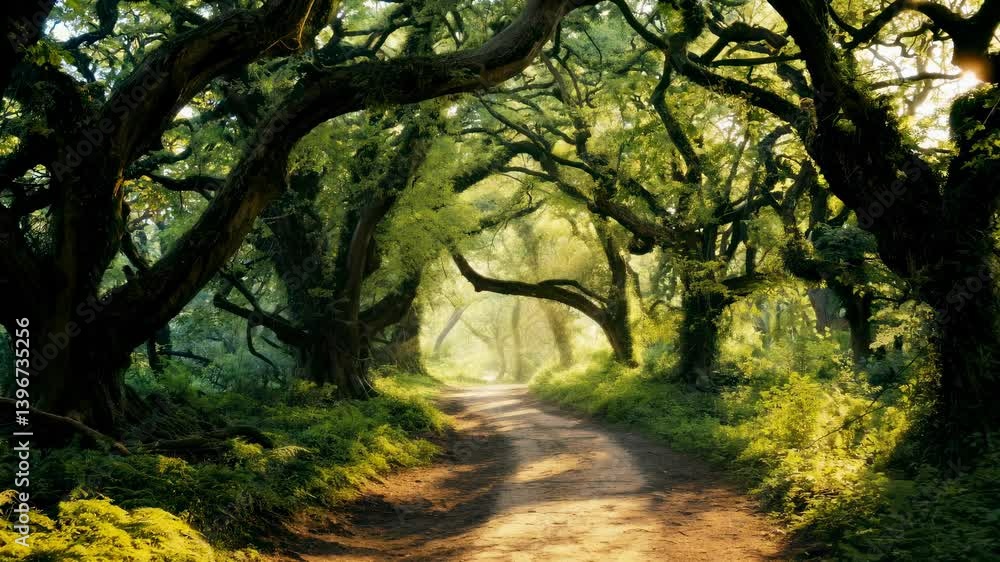 Poster a serene forest path with sunlight filtering through twisted trees, captured from a low angle, creat