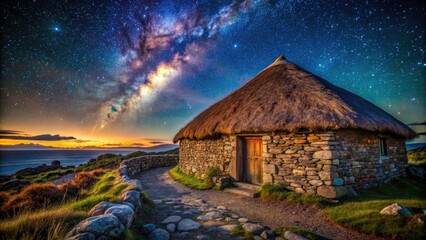 Isle of Arran Iron Age Hut Night Photography:  Scottish Highlands Ancient Village Dark Sky Starry Night