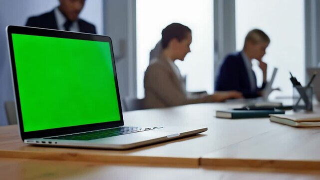 A cinematic slow-motion shot of a sleek laptop with a blank green screen, placed on a modern office desk. The camera focuses sharply on the laptop while the background remains intentionally blurred
