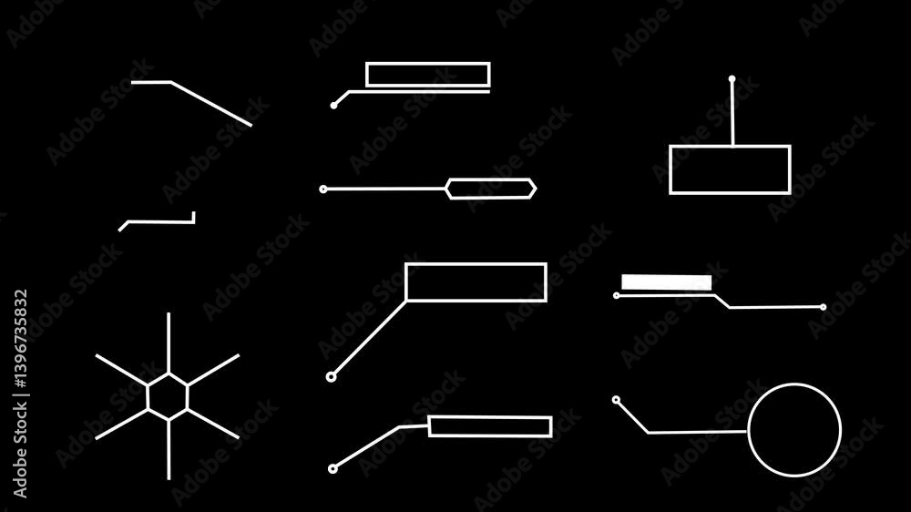 Poster decorative infographic callouts on the black background .animated callout lines for text, data. hud 
