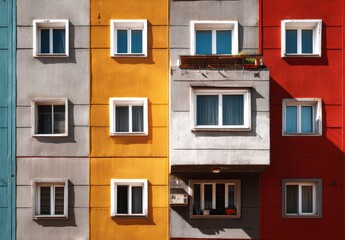 Fototapeta premium Colorful urban apartment building facade with vibrant sections.