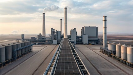 Artificial Intelligence Robotics Manufacturing concept, Industrial landscape featuring smokestacks, storage tanks, and a vast horizon under a cloudy sky.
