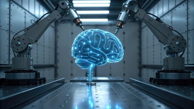 Artificial Intelligence Robotics Manufacturing concept, A futuristic scene featuring robotic arms interacting with a glowing digital brain. - Powered by Adobe