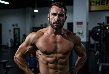Fototapeta premium Muscular man posing confidently in a gym environment 