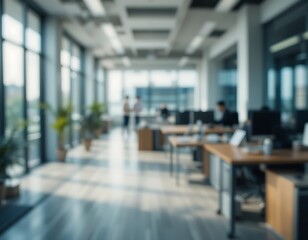 Blurred modern office interior, showcasing teamwork and productivity.