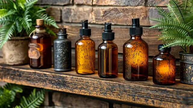 Amber glass bottles and vintage potion jars arranged on a rustic wood shelf against a brick wall with potted ferns