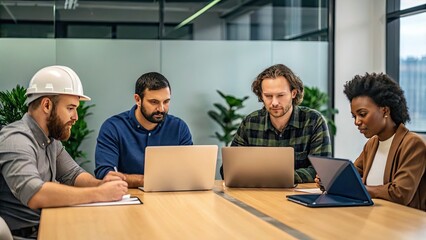 Artificial Intelligence Robotics Manufacturing concept, A diverse team collaborates at a table with laptops in a modern office setting.