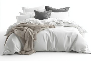 Empty set of bedding items mockup. Bed linen front view. White bed with clipping path. Pillows and duvet set ready for mock-up