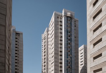 Obraz premium Tall urban apartment buildings under a clear blue sky.
