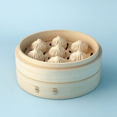 Steamed dumplings in a traditional bamboo steamer.