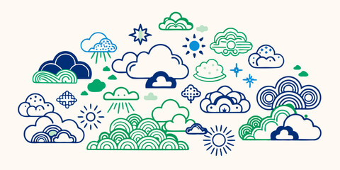 A vector illustration set of  tree icons depicts holiday climate with a design of winter sky elements
