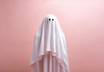 A classic ghost costume with white sheet and black eyes on a pastel pink background.