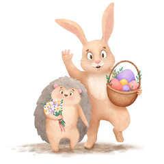 Hedgehog and rabbit coming with flowers and basket of Easter eggs