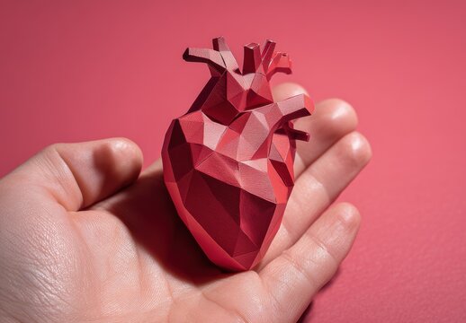 Hand holds a geometric, low-poly red heart model against a matching backdrop.