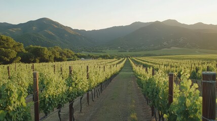 Naklejka premium Green Vineyard Rows Stretching to Mountainous Horizon Under Bright Sky in Daytime Agricultural Vista With Natural Light