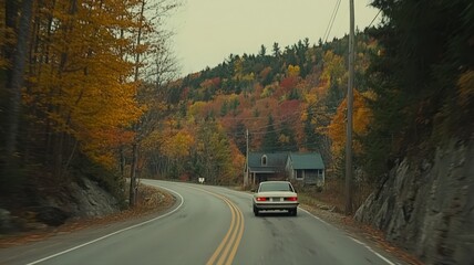 Obraz premium Grey Car on Winding Autumn Road Through Colorful Foliage