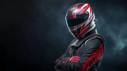 A confident race car driver in a striking helmet and suit stands with arms crossed against a dark backdrop, exuding power and determination in the world of motorsport.