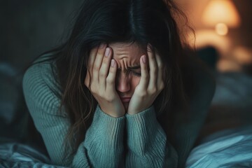 Woman in depression closed face with hands and crying in bed. Melancholy mood, mental health. Life problems