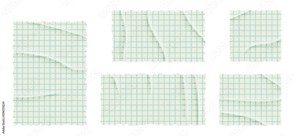Poster set of torn lined, math note, notebook paper. square grid sheet. ripped pages of school notepad. vec