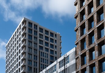 Fototapeta premium Modern office buildings with glass facades against a blue sky.