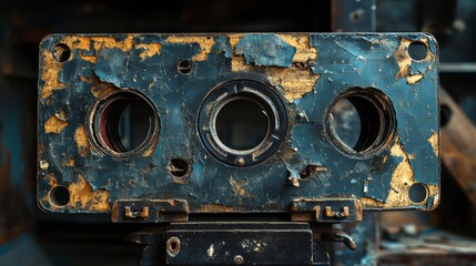 Worn metal plate with three holes, paint peeling, shows age and industrial use