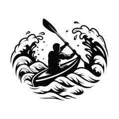 Kayaker Silhouette Paddling Through Rough Water Waves, Monochrome Adventure Sport Design