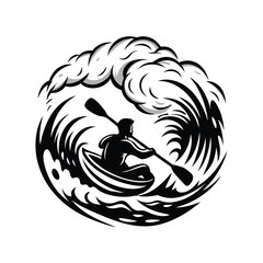 Kayaker Silhouette Paddling Through Wave, Black and White Style, Bold Outline, Circle