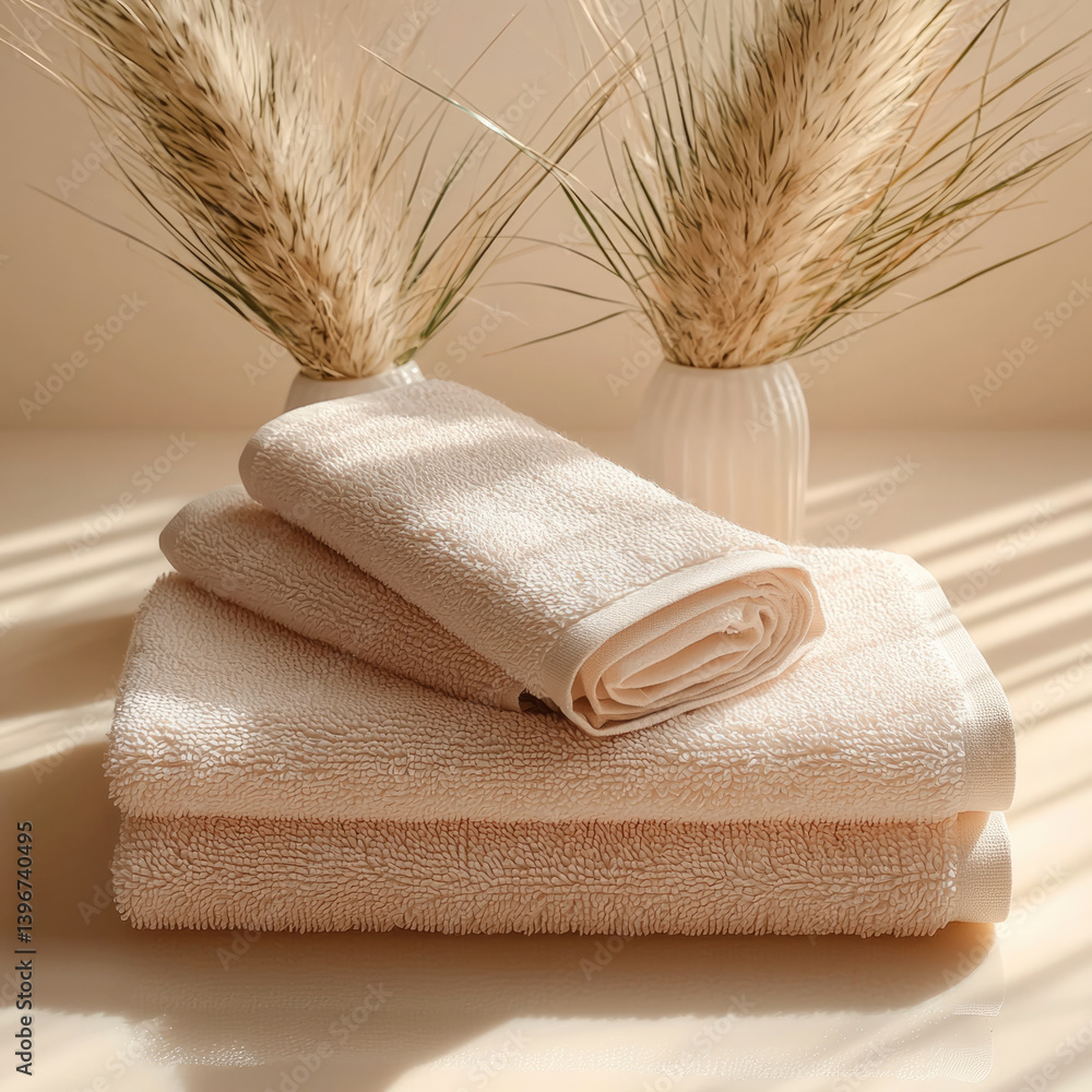 Poster soft towels stacked neatly on surface, surrounded by decorative vases with dried grass. warm tones c