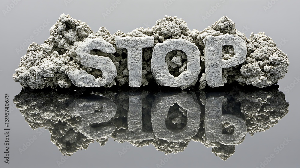 Aufkleber concrete 'stop' sign resting on a reflective surface, surrounded by textured material, creating an i