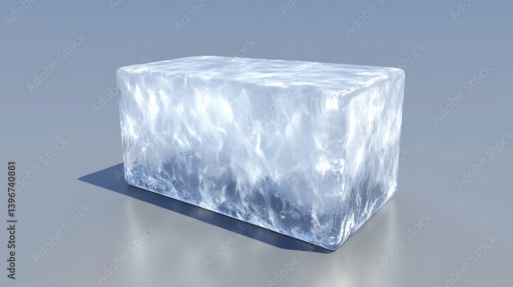 Poster a clear ice block resting on a smooth surface, reflecting light, ideal for culinary or beverage use