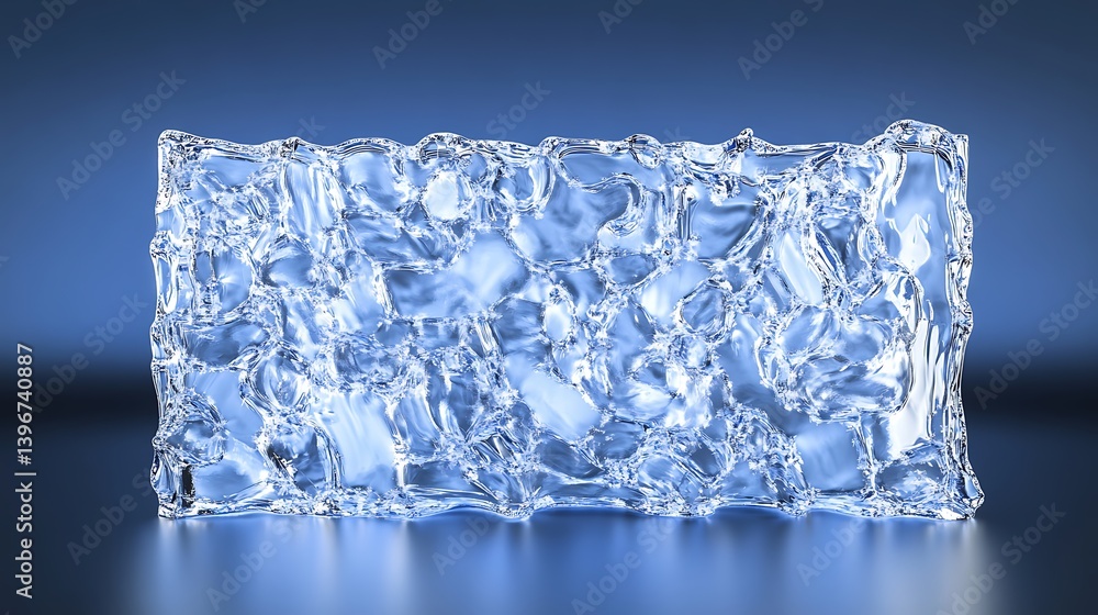 Aufkleber clear ice block on a reflective surface with a soft blue gradient background, showcasing texture