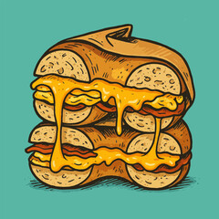Bagel Sandwich Stack with Dripping Cheese Delicious Food Illustration