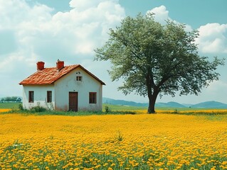 Rustic wooden cabin surrounded by golden wildflower meadow, soft sunlight illuminating weathered structure against gentle clouded background in serene rural setting