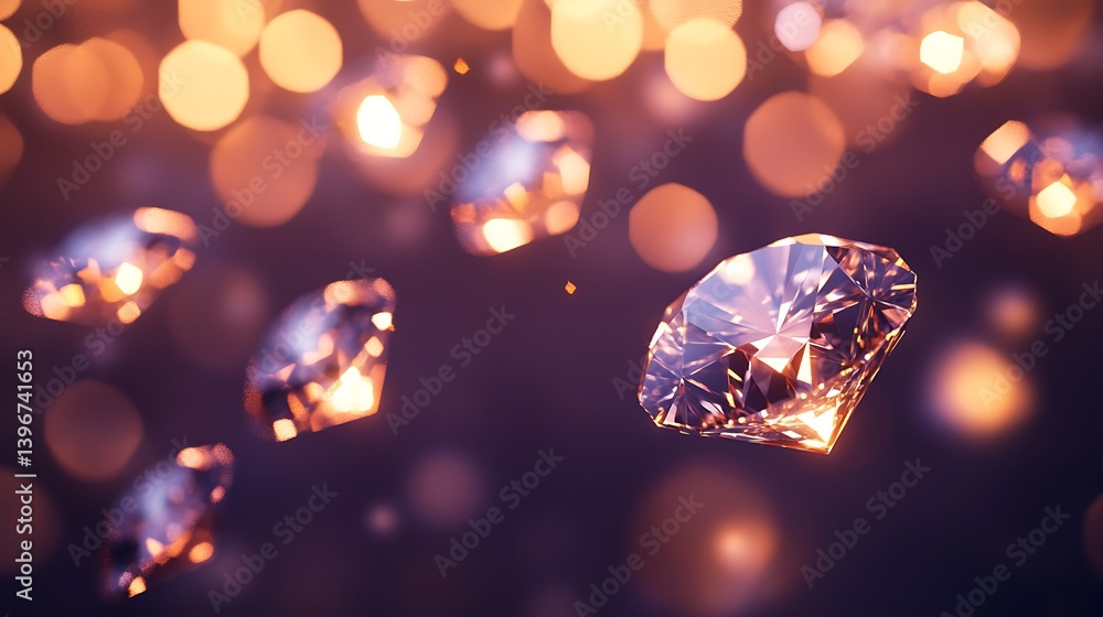 Poster floating diamonds glimmer against a soft bokeh background, creating a luxurious and enchanting atmos