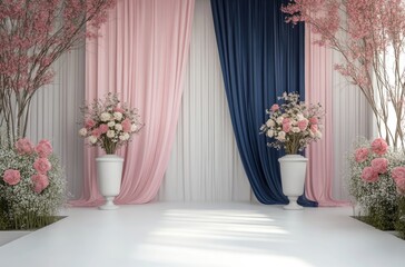 A beautiful pink and navy ceremony backdrop adorned with floral arrangements.