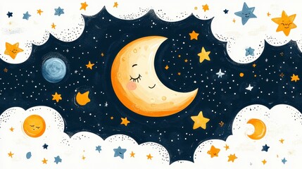 Moon with sleepy eyes amidst clouds and stars in a nighttime scene