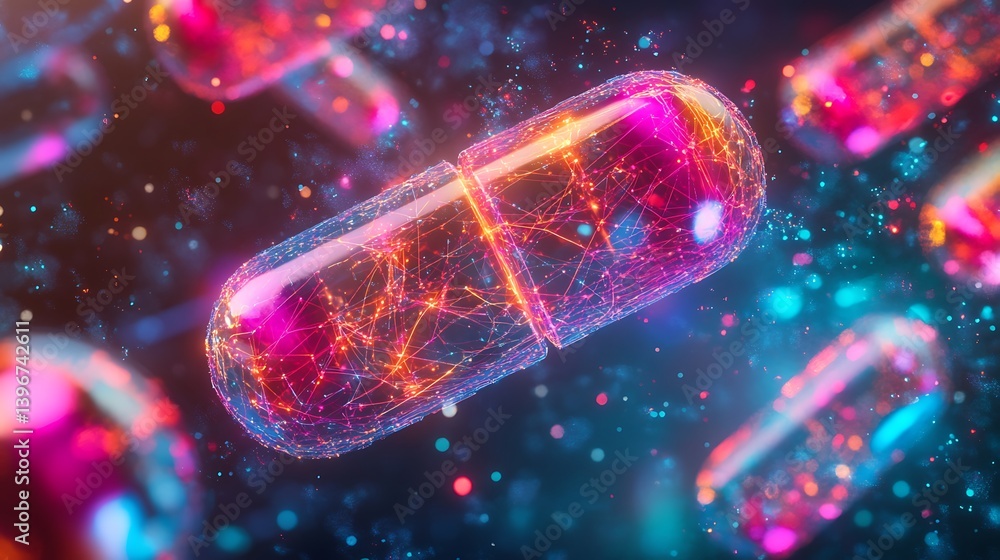 Poster vibrant digital illustration of a floating capsule surrounded by colorful abstract particles in a co