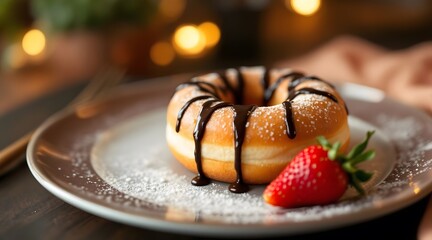 Delicious Chocolate-Glazed Donut with Strawberry Sweet Treat