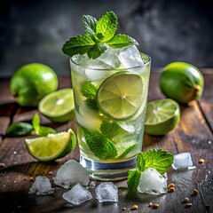 Fototapeta premium Fresh green mojito cocktail with lime, mint, ice, and rum