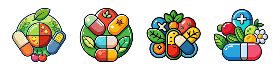 Colorful Illustration of Dietary Supplements and Herbal Medicine Capsules for Health and Wellness