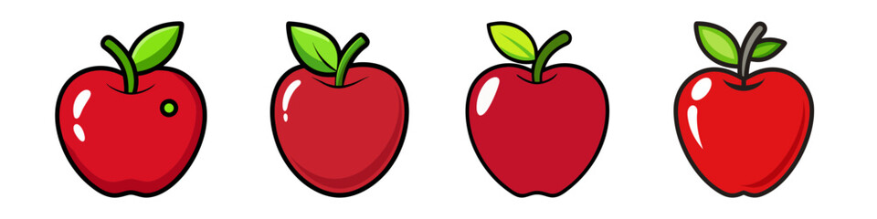 Four Red Apples with Green Leaves Illustration Variations