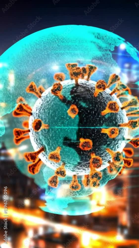 Poster futuristic representation of virus structure with bioinformatics overlay in urban setting