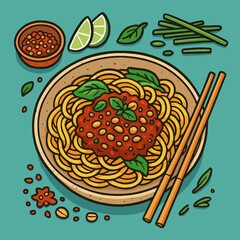 Serving of Noodles with Red Sauce and Herbs Cartoon Style