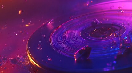 Vibrant close-up of a spinning vinyl record surrounded by colorful lights and sparkling particles
