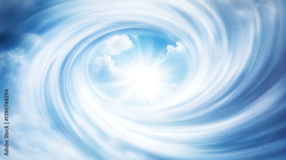 Poster swirling clouds with bright sunlight breaking through, creating a serene and uplifting atmosphere