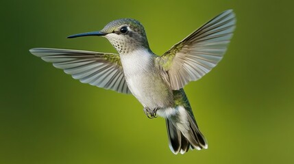 Fototapeta premium Flying hummingbird in vibrant green background